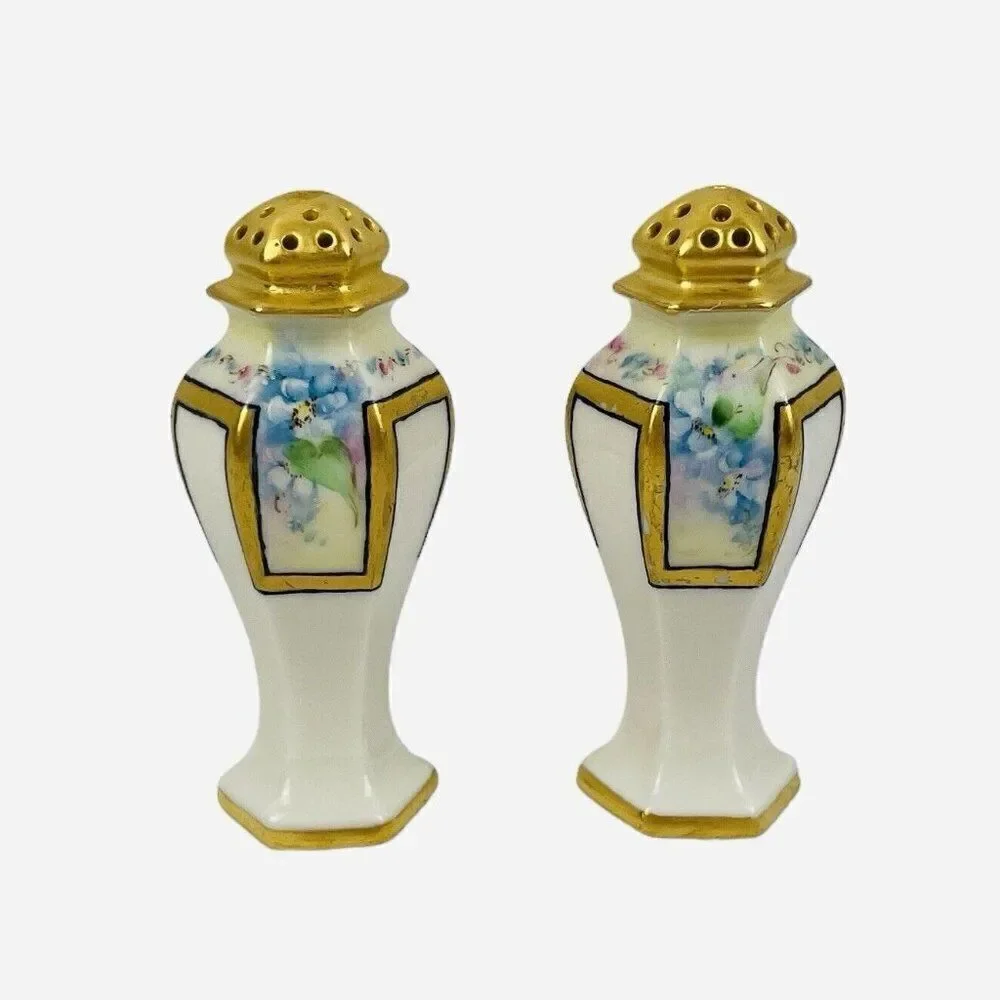 Antique 1900 Belleek Lenox Salt & Pepper Shakers Forget Me Nots Hand Painted Set